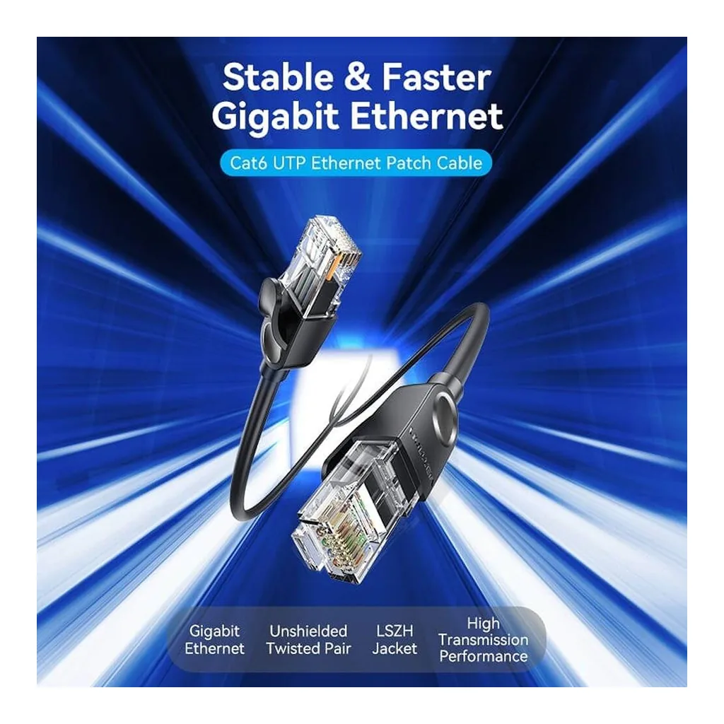 2821166c6d01d43f69cf4974fa61f6a5-hi.jpg Vention IBN Cat 6 UTP Ethernet Patch Cable, LSZH Jacket, 1Gbps Transmission Speed, Oxygen-Free Copper Conductor, 250MHz Bandwidth, Gold-Plated Connector, 20m Cable Length, Black