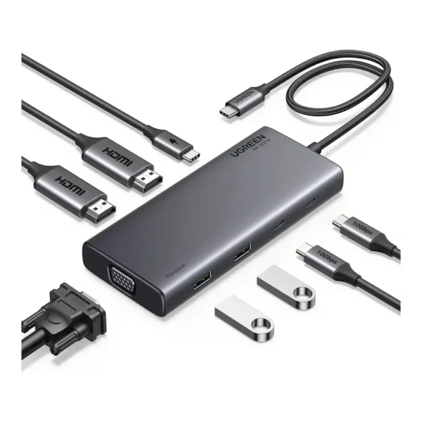 285ebfd02435171856226f0bfee24593-hi.jpg UGREEN 8 in 1 USB C Docking Station, Up to 4K@60Hz Single Display, Upto 1080@60Hz Triple Display, 100W Passthrough, 10Gbps Data Transfer Rate, 2xHDMI, 3xUSB-C, 2x USB-A, VGA, Gray | 35588