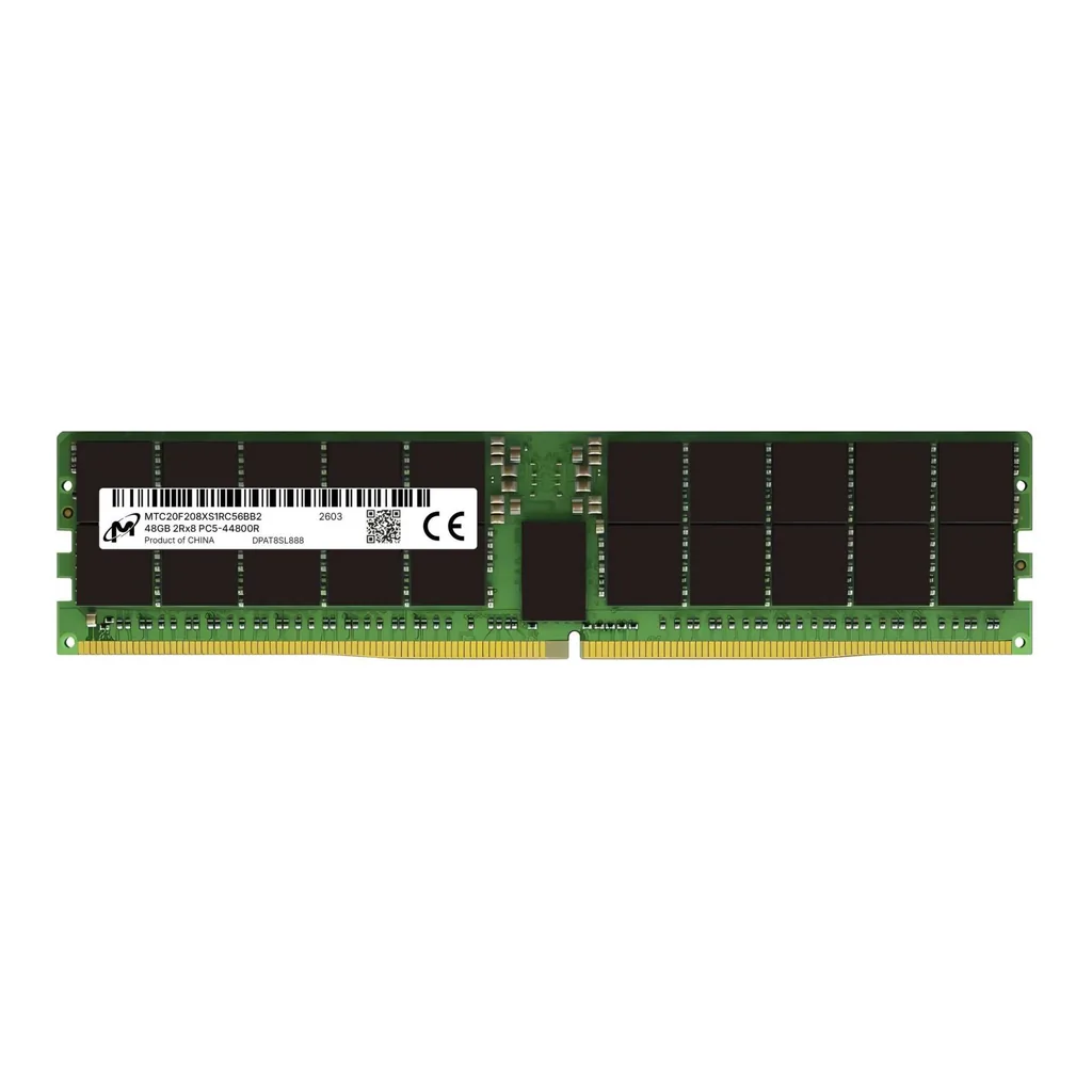 Micron MTC20F208XS1RC56BB2 DDR5 RDIMM Memory, 48GB Capacity, 5600MHz Memory Speed, ECC, CL46 Latency, 1.1 Voltage, 288-Pin | MTC20F208XS1RC56BB2 - Image 1 Micron MTC20F208XS1RC56BB2 DDR5 RDIMM Memory, 48GB Capacity, 5600MHz Memory Speed, ECC, CL46 Latency, 1.1 Voltage, 288-Pin | MTC20F208XS1RC56BB2 - Image 1