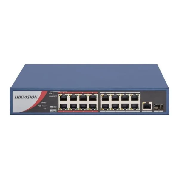 2a25a2d626ca9678251c5fd8d89c5358-hi.jpg Hikvision 16 Port Fast Ethernet Unmanaged POE Switch, 7.2 Gbps Switching Capacity, 5.356 Mpps Forwarding Rate, 16x 10/100 Mbps PoE, 1x Gigabit RJ45, 1x Gigabit Fiber Optical Ports | DS-3E0318P-E/M(B)