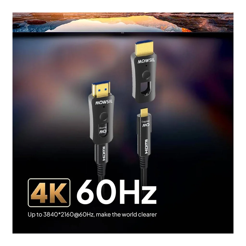 2a3a8da7fe4be0cac422c40069835c44-hi.jpg MOWSIL Active Optical HDMI Removable Cable 20M, HDMI 2.0, High-Speed, UHD 4K@60Hz, 18Gbps Bandwidth, 24K Gold-Plated Connectors, Hybrid Fiber and Copper, OD 4.8mm, 20 Meters, Black | MOAC20D