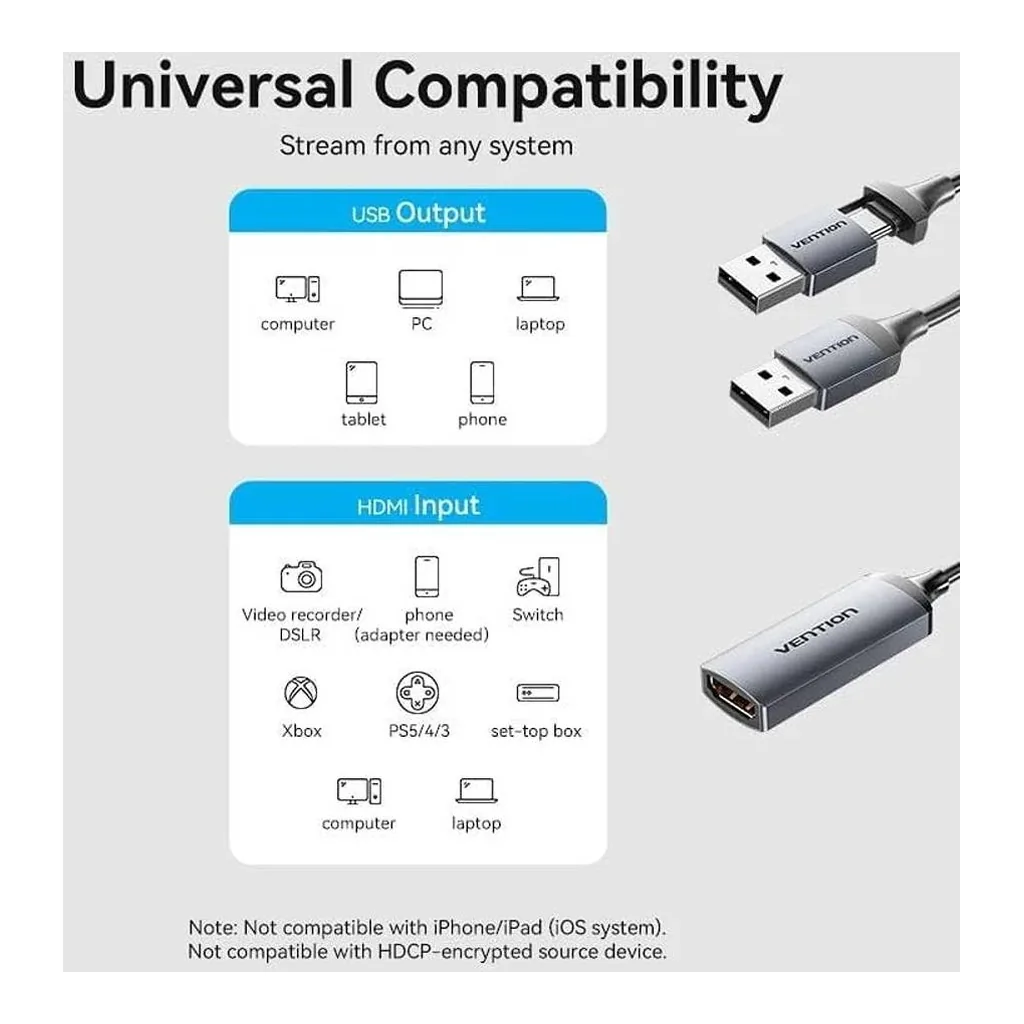 Vention ACWHA HDMI to USB-A/USB-C Video Capture Card, 1080p60, Grey - Image 7 Vention ACWHA HDMI to USB-A/USB-C Video Capture Card, 1080p60, Grey