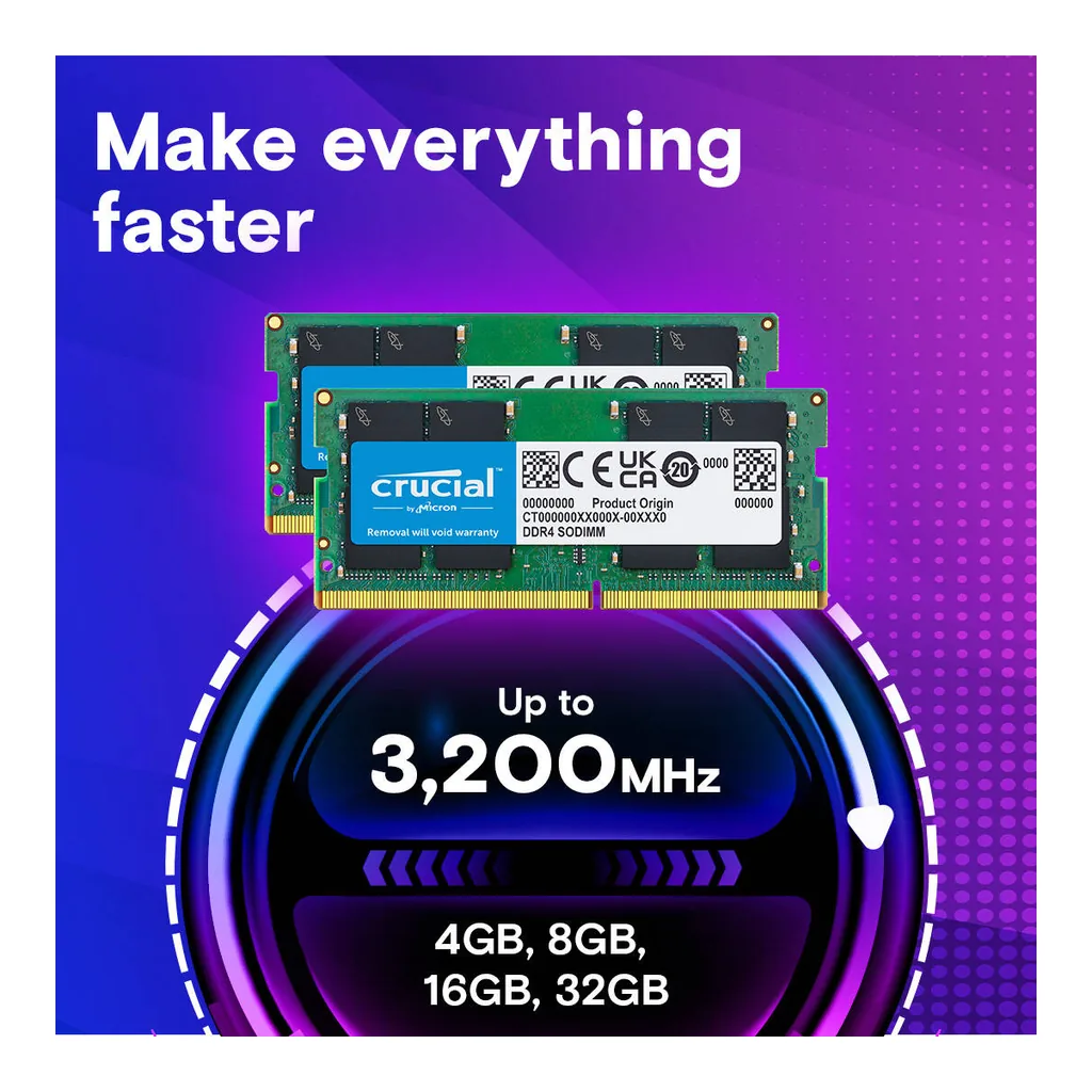 Crucial DDR4-3200 UDIMM Memory, 16GB Capacity, 3200 MHz Clock Speed, PC4-25600, 22 CAS Latency, 1.2 Voltage, Unbuffered, Non-ECC | CT16G4DFRA32A - Image 2 Crucial DDR4-3200 UDIMM Memory, 16GB Capacity, 3200 MHz Clock Speed, PC4-25600, 22 CAS Latency, 1.2 Voltage, Unbuffered, Non-ECC | CT16G4DFRA32A - Image 2