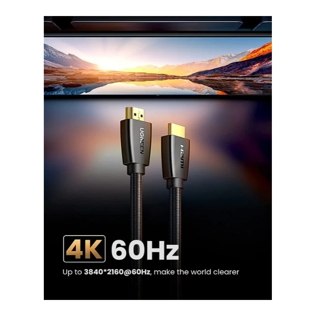2daff8732fa759b62ef596d997df0096-hi.jpg UGREEN HDMI TO HDMI Male Cable, 4K @ 60Hz UHD Resolution Support, 18Gbps Data Transfer Rate with Ethernet Support, Gold-Plated Connector, Braided Cable, 3 Meter Cable Length, Black