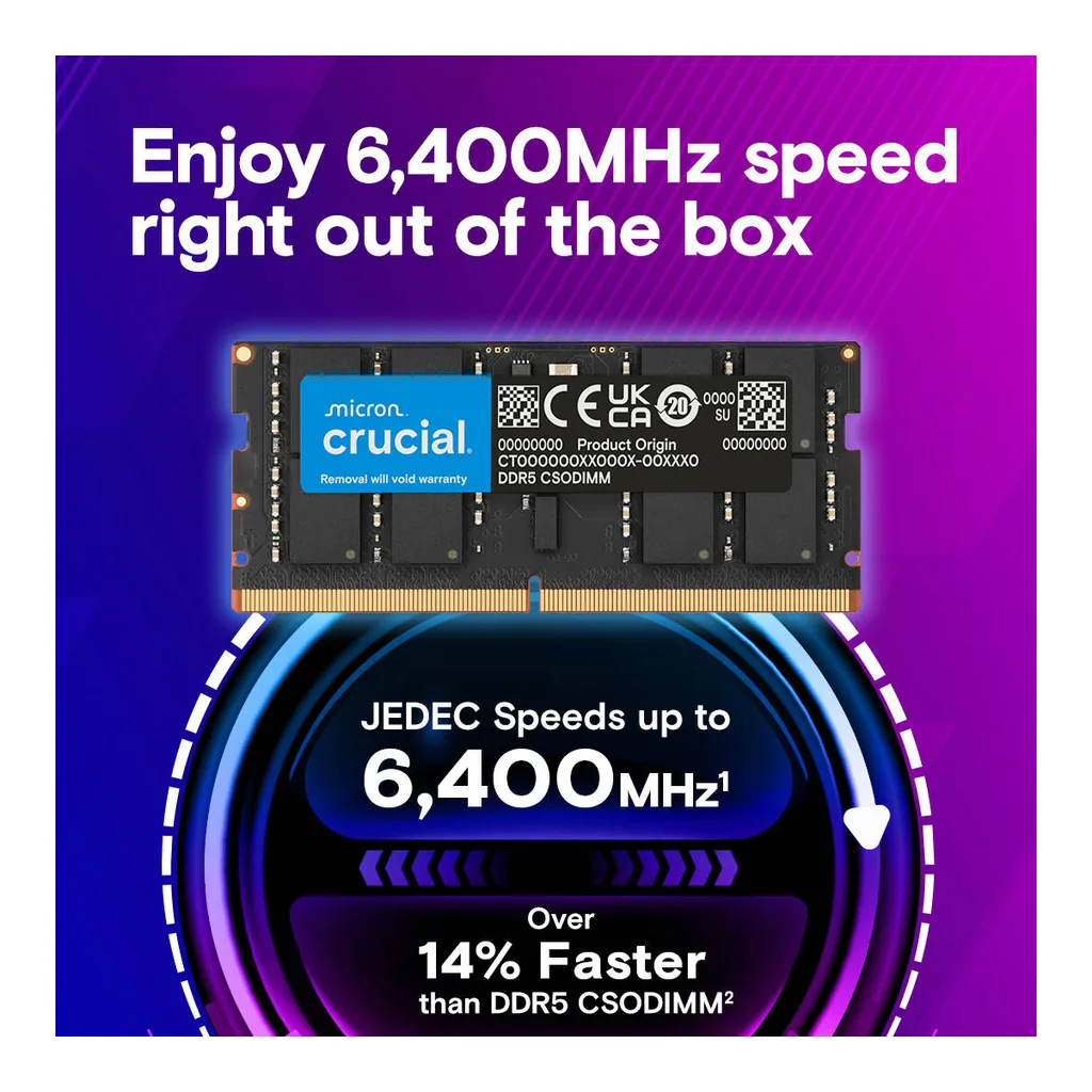 Crucial DDR5 CSODIMM Laptop Memory, 64GB (2x 32 GB) Capacity, 6400 MHz Memory Speed, CL52 CAS Latency, 262-Pin SO-DIMM, Unbuffered DIMM Type, Black | CT2K32G64C52CS5 - Image 4 Crucial DDR5 CSODIMM Laptop Memory, 64GB (2x 32 GB) Capacity, 6400 MHz Memory Speed, CL52 CAS Latency, 262-Pin SO-DIMM, Unbuffered DIMM Type, Black | CT2K32G64C52CS5 - Image 4