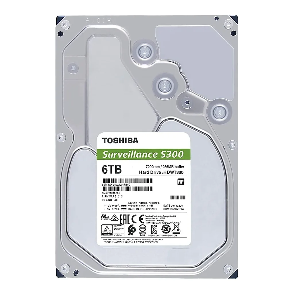 2e5ef2b1e0b687a86f50885b1dacc5d2-hi.jpg TOSHIBA S300 3.5" 6TB Surveillance SATA 6.0 Gbit/s Internal Hard Drive, 184MB/s Typ Data Transfer Speed, 5400 RPM Speed, 24/7 Operation, Supports 64 Cameras, 180TB/Year Workload | HDWT860UZSVA
