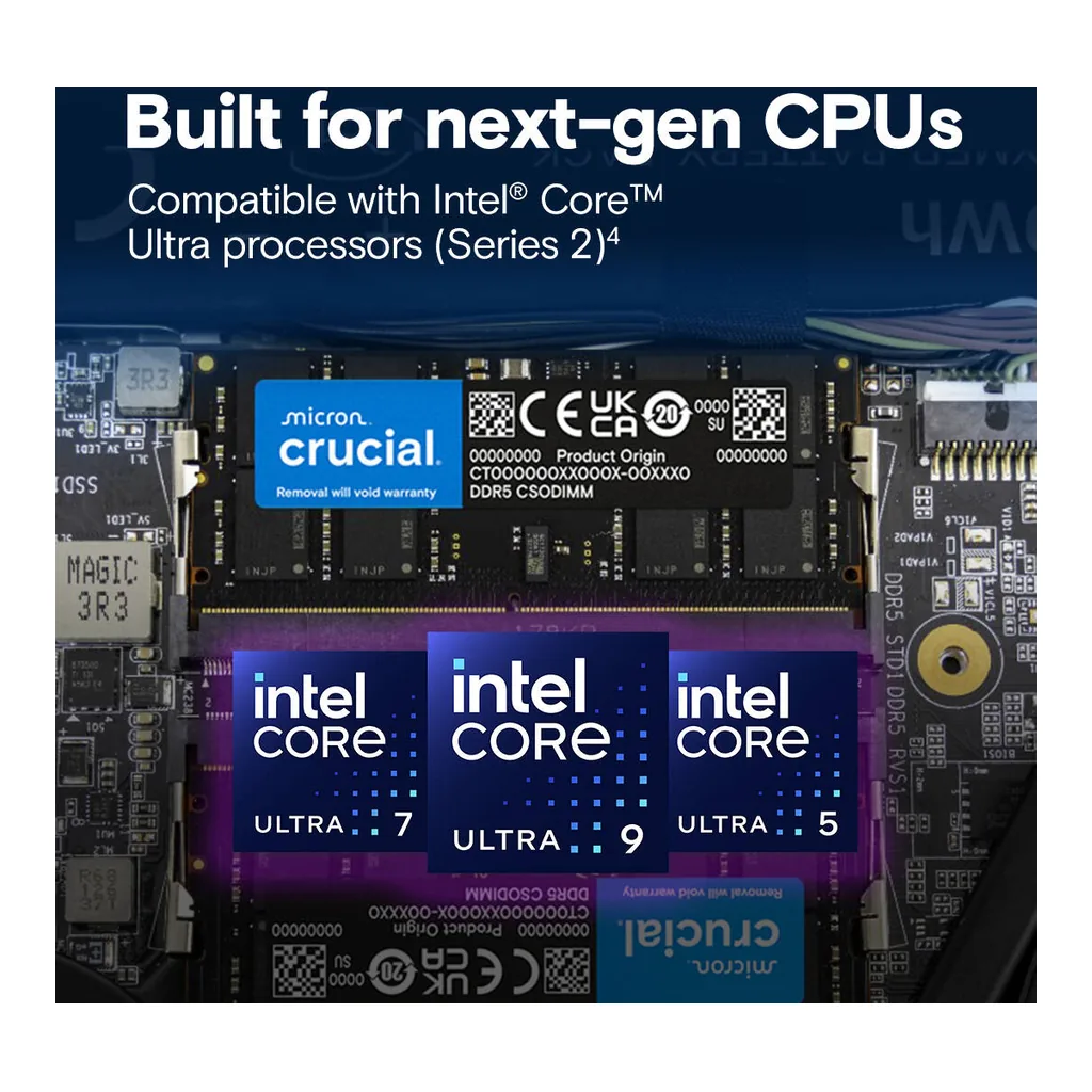 Crucial DDR5 CSODIMM Laptop Memory, 64GB (2x 32 GB) Capacity, 6400 MHz Memory Speed, CL52 CAS Latency, 262-Pin SO-DIMM, Unbuffered DIMM Type, Black | CT2K32G64C52CS5 - Image 3 Crucial DDR5 CSODIMM Laptop Memory, 64GB (2x 32 GB) Capacity, 6400 MHz Memory Speed, CL52 CAS Latency, 262-Pin SO-DIMM, Unbuffered DIMM Type, Black | CT2K32G64C52CS5 - Image 3