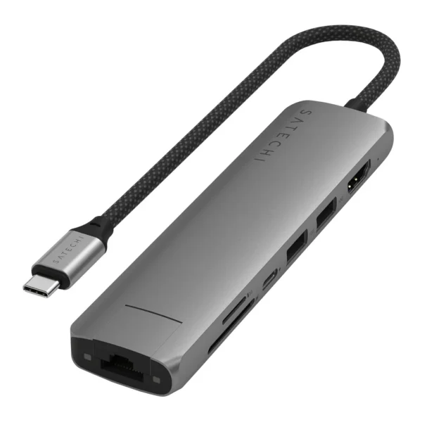 2f5e5bec-b15e-4a84-8e45-935e0911a36b.jpg Satechi - 7-in-1 USB-C Slim Multiport Adapter w/ Ethernet, 4K HDMI, 60W USB-C, 2 USB-A, SD/Micro Readers for Mac & Windows - Space Gray