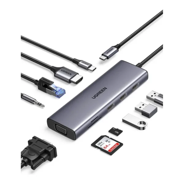 31e122d165f2794baa6055be73a7fe86-hi.jpg UGREEN 10 in 1 USB C Hub, Up to 4K @ 30Hz Display, 1Gbps Ethernet Speed, 100W Passthrough, 5Gbps Data Transfer Rate, 3.5mm Audio, RJ45 Ethernet, HDMI, USB-C, 3x USB-A, SD/TF Card Slot, VGA | 15601
