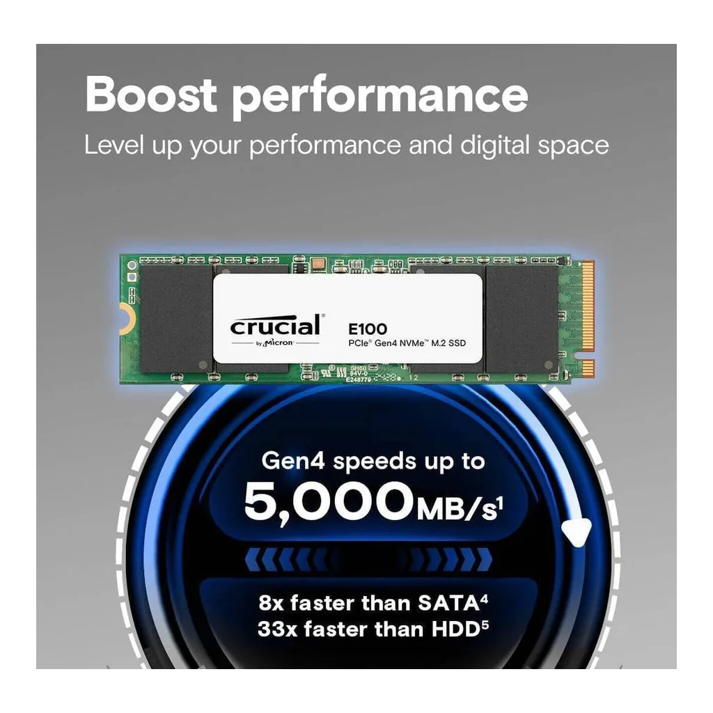 332ce9dd75a847c41a41673fecbae2c5-hi.jpg Crucial Gen4 E100 Internal SSD, 2TB Storage Capacity, M.2 Form Factor, 3D NAND Technology, Up To 5000MB/s Read Speed & Up To 4500MB/s Write Speed | CT2000E100SSD8