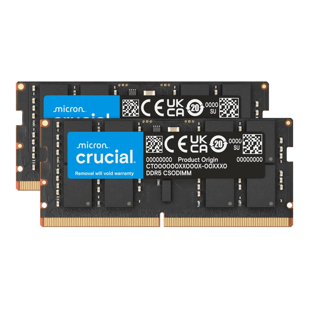 Crucial DDR5 CSODIMM Laptop Memory, 64GB (2x 32 GB) Capacity, 6400 MHz Memory Speed, CL52 CAS Latency, 262-Pin SO-DIMM, Unbuffered DIMM Type, Black | CT2K32G64C52CS5 - Image 1 Crucial DDR5 CSODIMM Laptop Memory, 64GB (2x 32 GB) Capacity, 6400 MHz Memory Speed, CL52 CAS Latency, 262-Pin SO-DIMM, Unbuffered DIMM Type, Black | CT2K32G64C52CS5 - Image 1