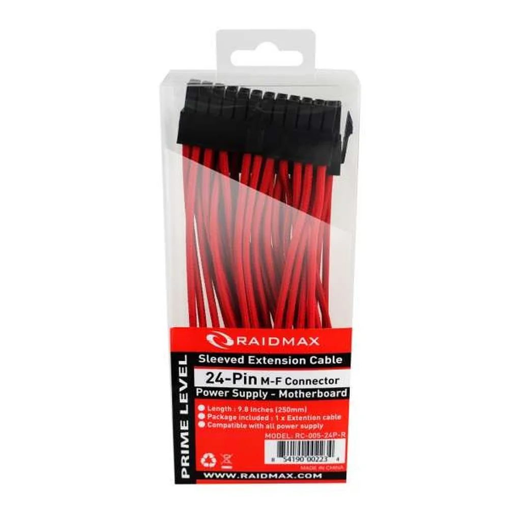 3686415fd8cf73c8f6646f51c775170f-hi.jpg RAIDMAX 24-Pin Sleeved Power Extension Cable, 9.8 in., Red (RC-005-24P-RED)
