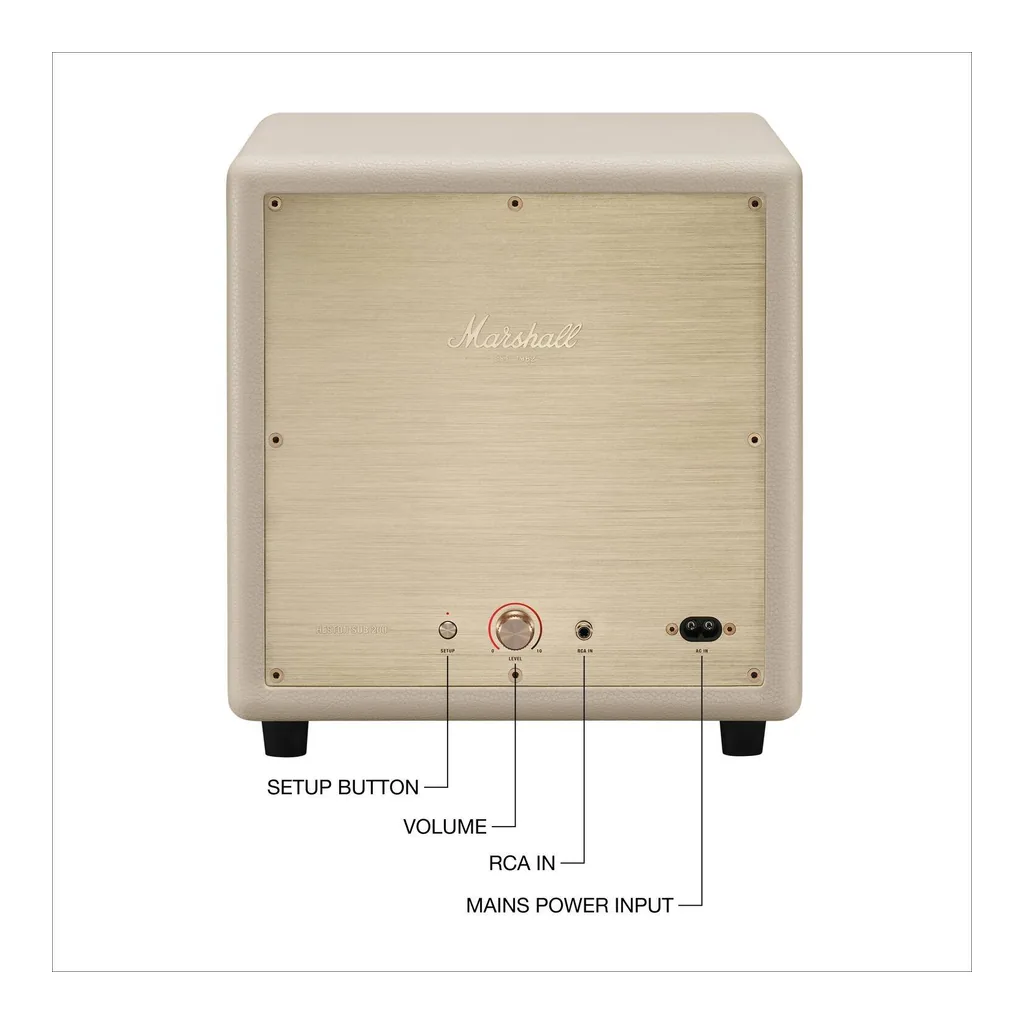 379ab14d1722150d88701e33531ecbcf-hi.jpg Marshall Heston Sub 200 Wireless Subwoofer, Deep Precise Bass, Bluetooth LE Audio, App Control, Rugged Eco Design, Versatile Placement, Updates, 79% Recycled Plastic, Cream