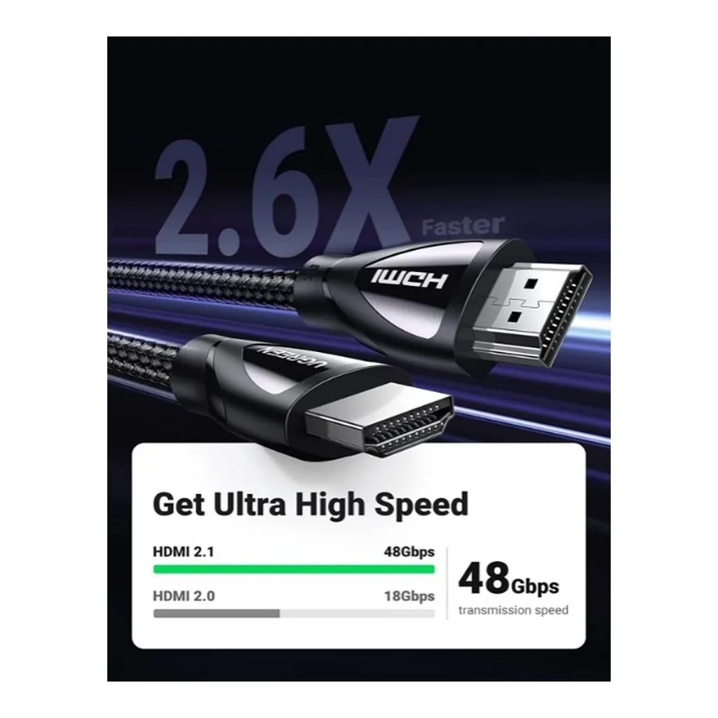 394f6487f628d6c689b9ca03f1d1db38-hi.jpg UGREEN 8K HDMI 2.1 Ultra High Speed Cable, Supports 4K@240Hz and 8K@60Hz, 48Gbps Bandwidth, Male-Male with Braided, Support 3D And Lip Sync, 48 Gbps, Nickle Plated, 3 Meter Length, Black