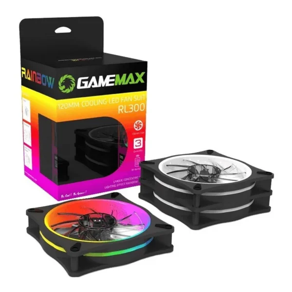 GameMax RL 300 RAINBOW 3pcs 120mm Cooling Fan in a kit package - Image 1 GameMax RL 300 RAINBOW 3pcs 120mm Cooling Fan in a kit package
