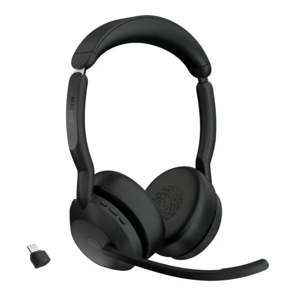 3d2c7654b161c5dcedf107a44e2cf516-hi.jpg Jabra Evolve2 55 Link380c USB-C MS Stereo Wireless Headset, 28mm Driver Size, Active Noise Cancellation, Built-In Microphone, Up to 18 Hours of Battery Life, USB-C Dongle, Black