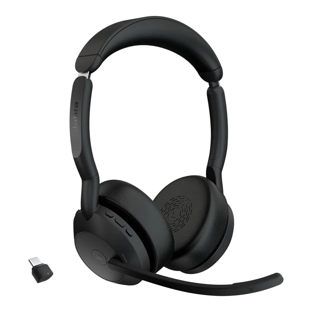 3d2c7654b161c5dcedf107a44e2cf516-hi.jpg Jabra Evolve2 55 Link380c USB-C MS Stereo Wireless Headset, 28mm Driver Size, Active Noise Cancellation, Built-In Microphone, Up to 18 Hours of Battery Life, USB-C Dongle, Black