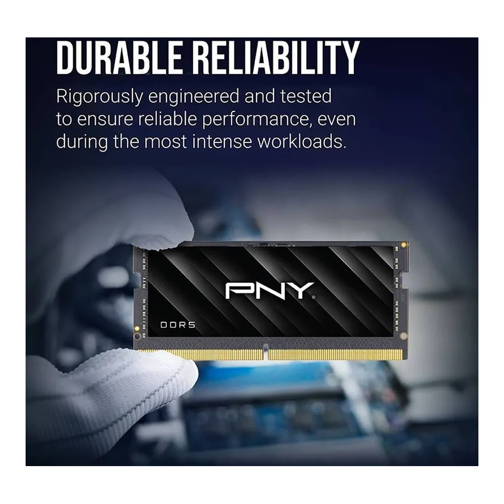 PNY Performance DDR5 Laptop Memory, 32GB Capacity, 5600MHz Speed, CL46 CAS Latency, 1.1 Voltage, On-Die ECC | MN32GSD55600-BLK - Image 2 PNY Performance DDR5 Laptop Memory, 32GB Capacity, 5600MHz Speed, CL46 CAS Latency, 1.1 Voltage, On-Die ECC | MN32GSD55600-BLK - Image 2