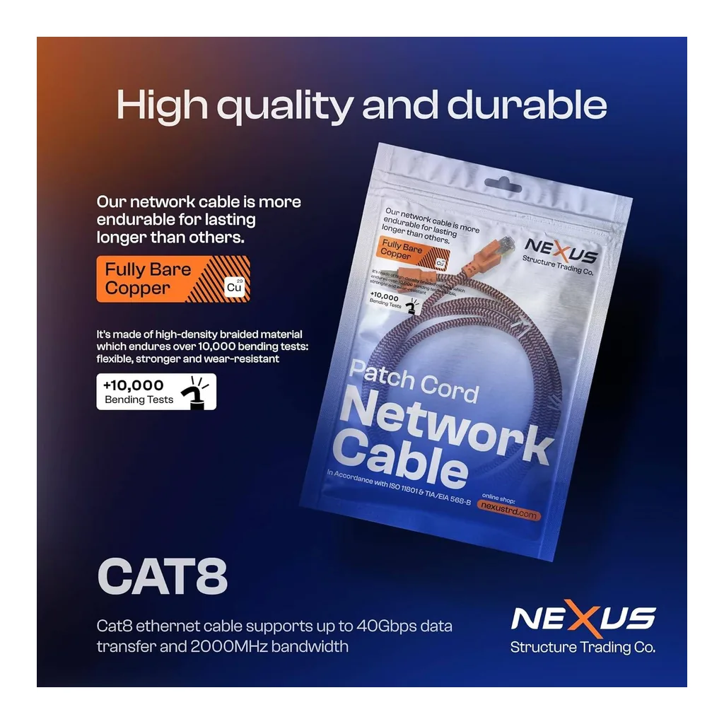 489d49fc38cf67d391e9e8e521814b2b-hi.jpg NEXUS CAT8 Network Cable 1M FULL COPPER, not CCA Ethernet Cable High-Speed 40Gbps 2000MHz RJ45 Braided and Shielded Ethernet Cable Compatible with Ethernet Switches PS5 PC Router TV Xbox, 1M