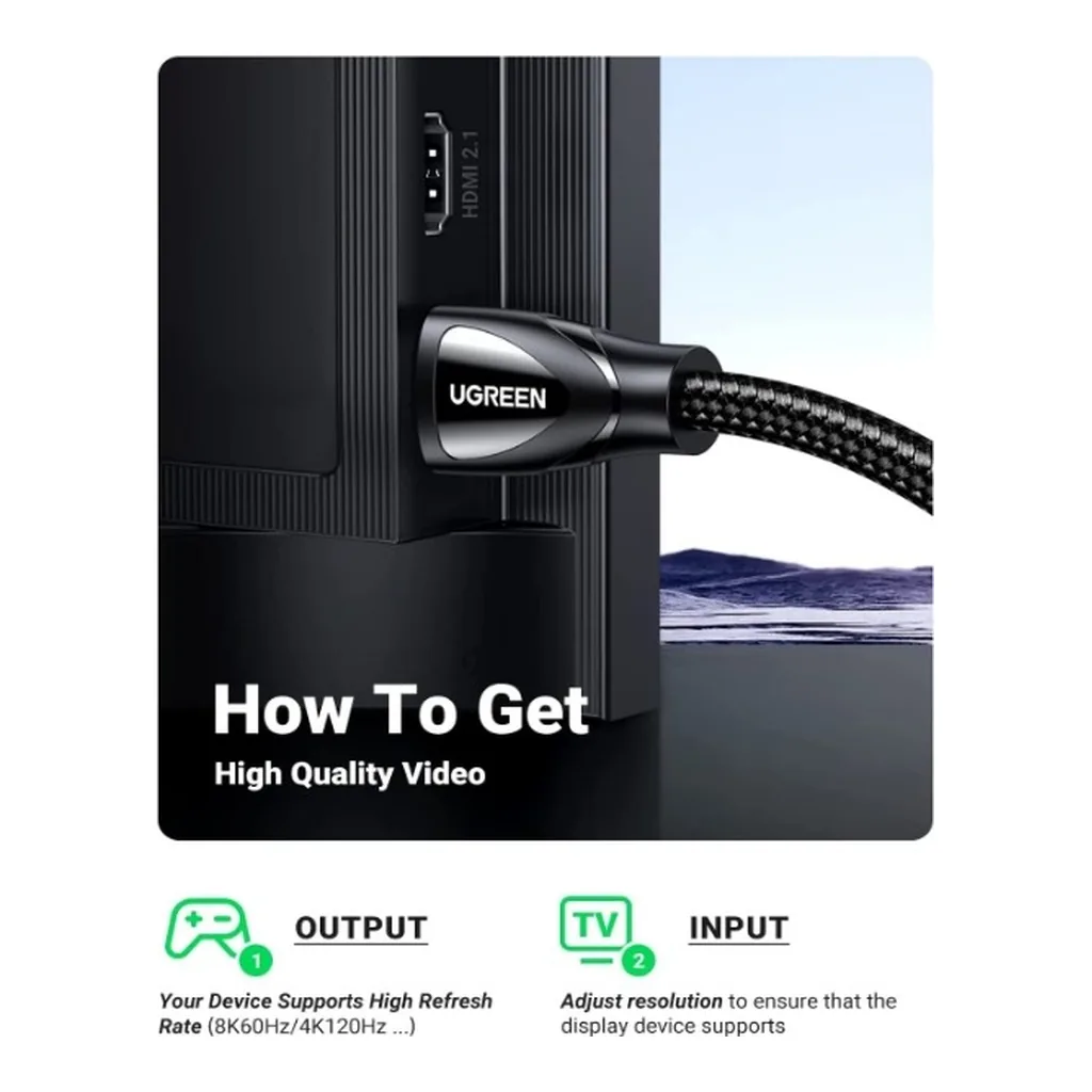 4c18f6317e96a434f0a6f1e1f2e28181-hi.jpg UGREEN 8K HDMI 2.1 Ultra High Speed Cable, Supports 4K@240Hz and 8K@60Hz, 48Gbps Bandwidth, Male-Male with Braided, Support 3D And Lip Sync, 48 Gbps, Nickle Plated, 3 Meter Length, Black