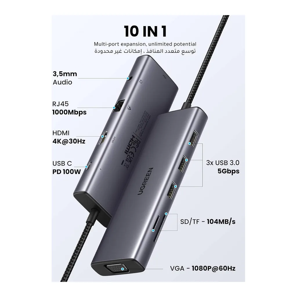 4e066a89fbca608464018c6ce749faee-hi.jpg UGREEN 10 in 1 USB C Hub, Up to 4K @ 30Hz Display, 1Gbps Ethernet Speed, 100W Passthrough, 5Gbps Data Transfer Rate, 3.5mm Audio, RJ45 Ethernet, HDMI, USB-C, 3x USB-A, SD/TF Card Slot, VGA | 15601