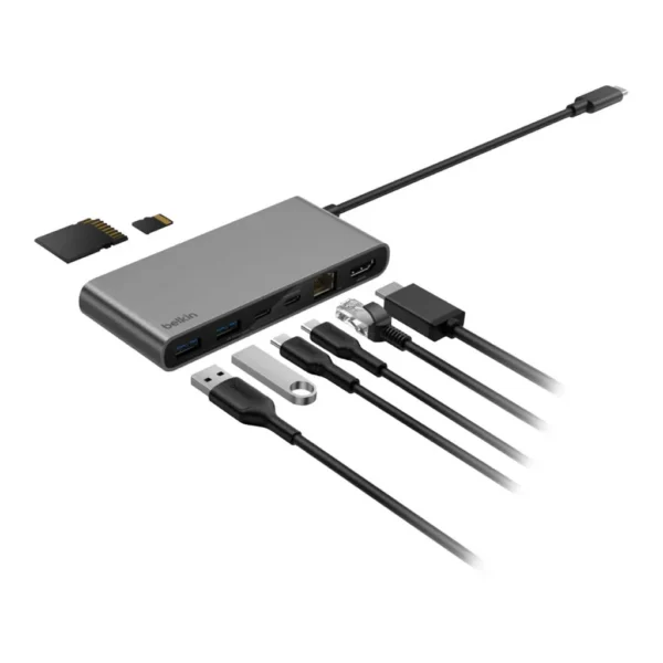 55172dbe-66e4-45fb-9dd1-308e03732ff6.jpg Belkin - 8-Port Hub w/ 4K HDMI Display @ 60Hz, 100W Power Delivery, Fast Data Transfer 10Gbps, USB-C Multiport Adapter - Space Gray