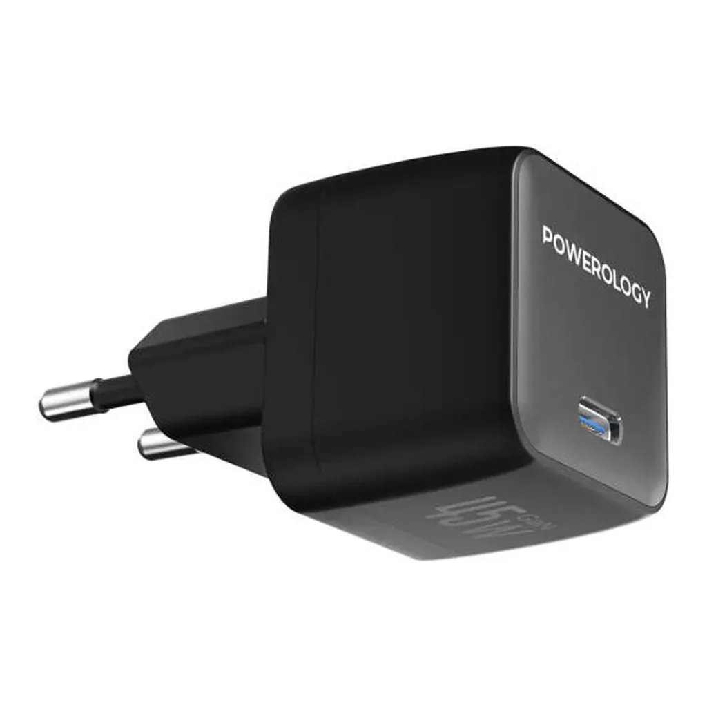 5adf5fba99d4214c616b86cb7d4b8cf3-md.jpg Powerology QX 45W Pocket-Sized GaN Adapter, 45W Power Delivery, Advanced GaN Technology, Advanced Safety Protection, EU Plug Type, 1.2A Rated Current, Black | PWCUQC056BK