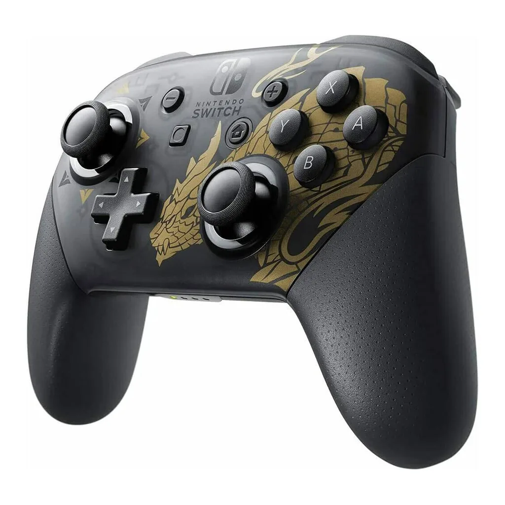 5c2231c0265054e2e3b2b07e6cf617df-hi.jpg Nintendo Monster Hunter Rise Edition Switch Pro Controller, Motion Controls, HD Rumble Function, Built-in Amiibo Functionality, 2 Linear Resonant Actuators, Premium Grips, Black/Gold