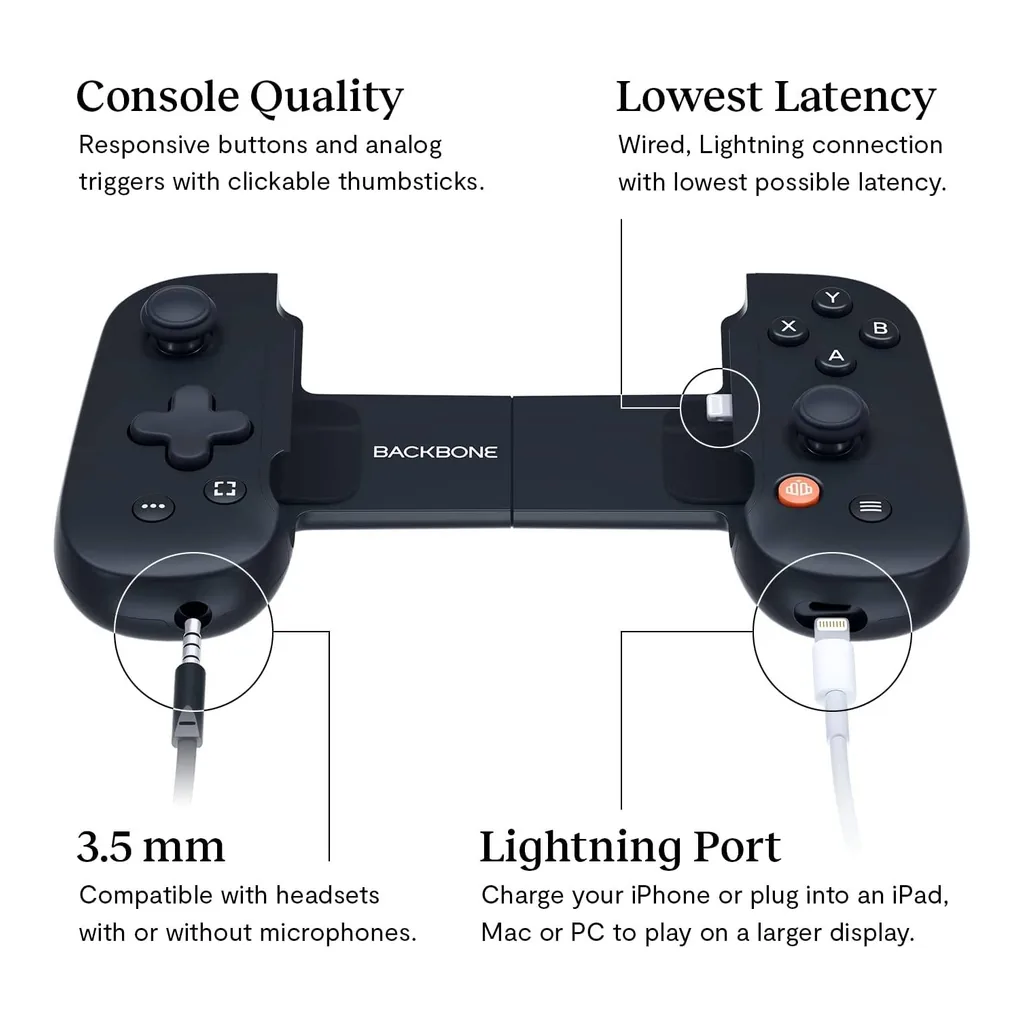 5ee2d92407c2a48fc95f24b4388eb478-hi.jpg Backbone One Mobile Gaming Controller, For iPhone / XBOX Edition, Collapsible & Compact Design, Low Latency Connection, 3.5mm Headphone Jack, Black
