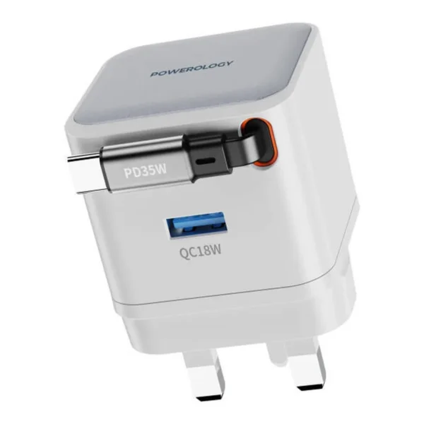 5eed7b4eb054b7fcf41176edf74a95c7-md.jpg Powerology Single Output Retractable GaN Charger, 30W Fast Charging, USB C PD, Built In Retractable Cable, Compact Travel Adapter, Universal Device Charger, Smart Protection,White | PWCUQC032WH