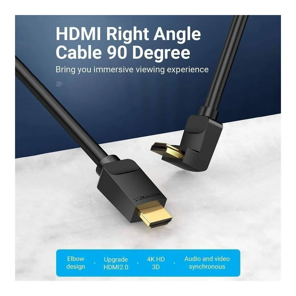 62799758cdeb4542e4f1367a70f6894b-hi.jpg Vention HDMI 2.0 Right Angle 90° Cable, Supports Up to 4K @ 60Hz Resolution, Gold-Plated Connector, Tinned Copper Conductor, Aluminum Foil + Mesh Shielding, 30 AWG, 5m Cable Length, Black