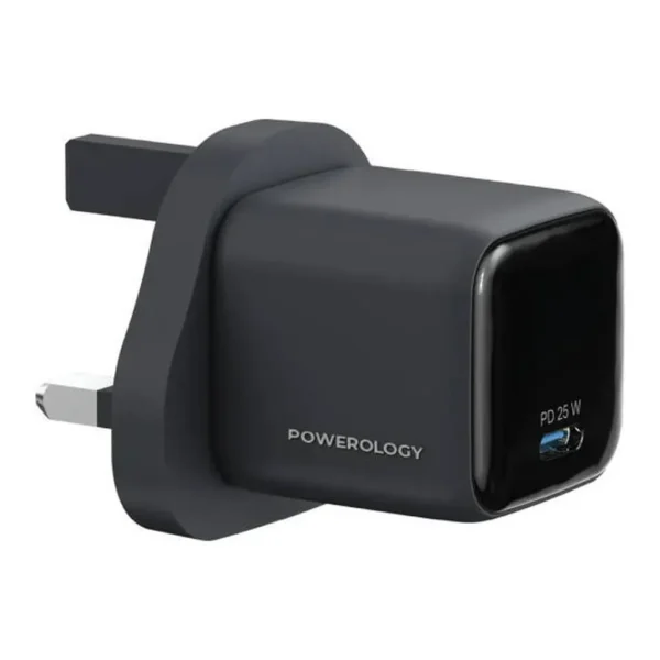 6897051b9fa727e8e1c2aa80cefe0915-md.jpg Powerology Volt X 25W Mini GaN Wall Charger, USB C Fast Charging Adapter, Compact Travel Size Plug, 25W PD Output, Universal Support, Advanced Safety Protection, UK Plug, Black | PWP5525BK