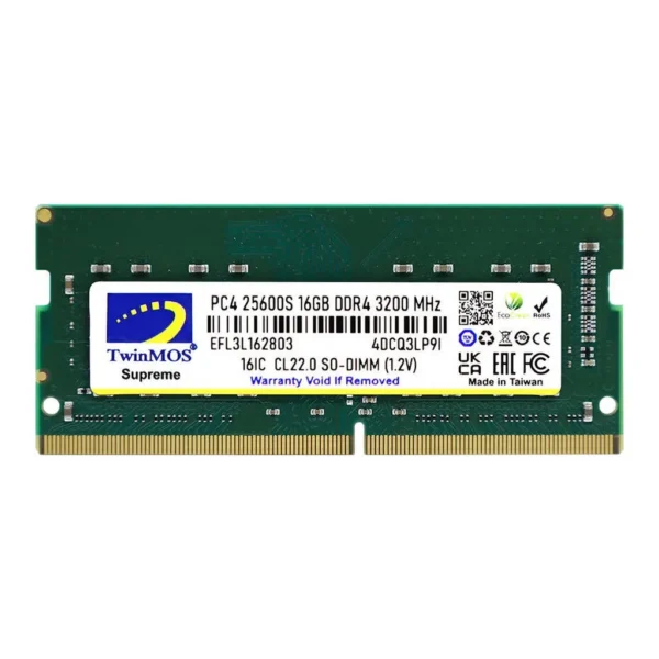 TwinMOS DDR4 SO-DIMM Laptop Memory, 16GB Caapcity, 3200 MHz Memory Speed, CL22 CAS Latency, 1.2V Voltage, 260 Pin Interface, Black | MDD416GB3200N - Image 1 TwinMOS DDR4 SO-DIMM Laptop Memory, 16GB Caapcity, 3200 MHz Memory Speed, CL22 CAS Latency, 1.2V Voltage, 260 Pin Interface, Black | MDD416GB3200N - Image 1