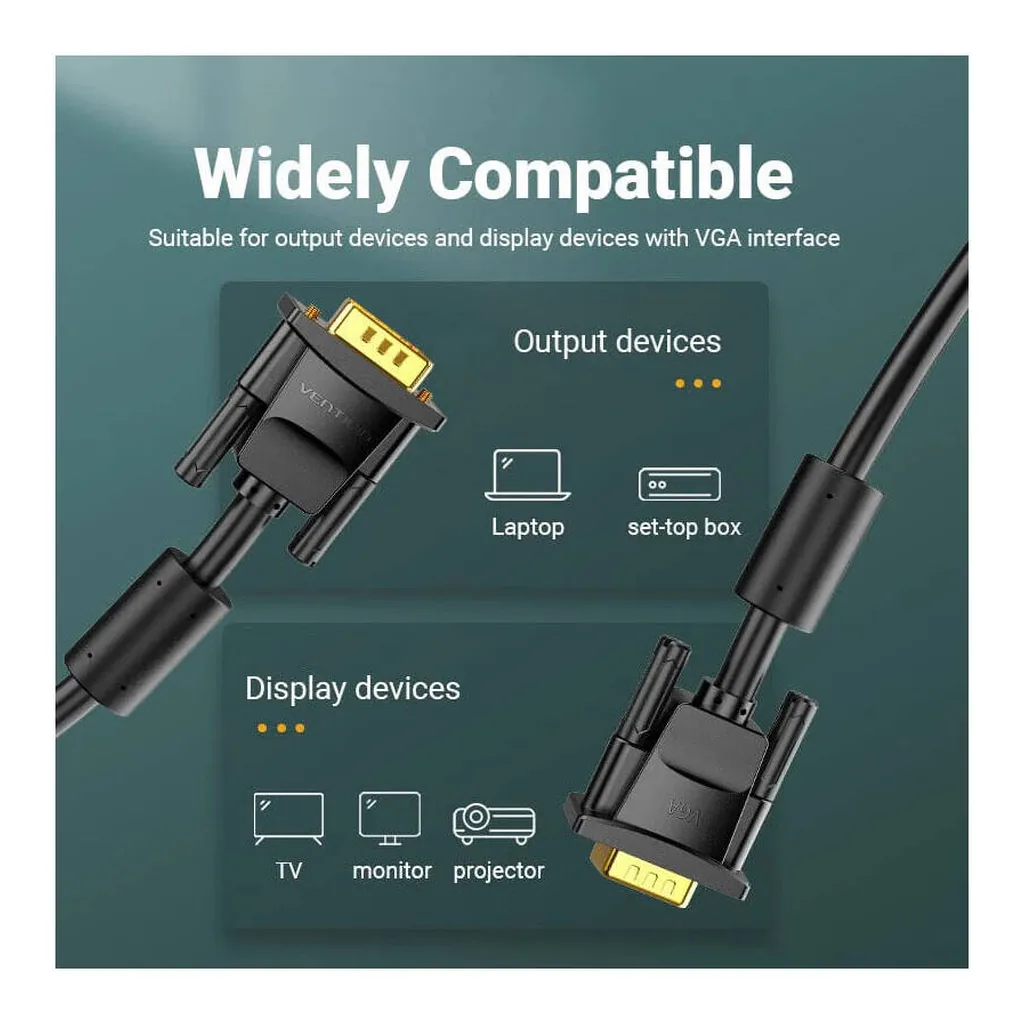 7391f074d328054a65d26c6df9ea7053-hi.jpg Vention VGA Cable, High Definition Picture Quality, Magnetic Ring Anti-Interference, Dual Ferrite Cores, Fishtail, Gold-Plated Technology, Multi-Shielding, 1 Meter Cable Length, Black | DAEBF