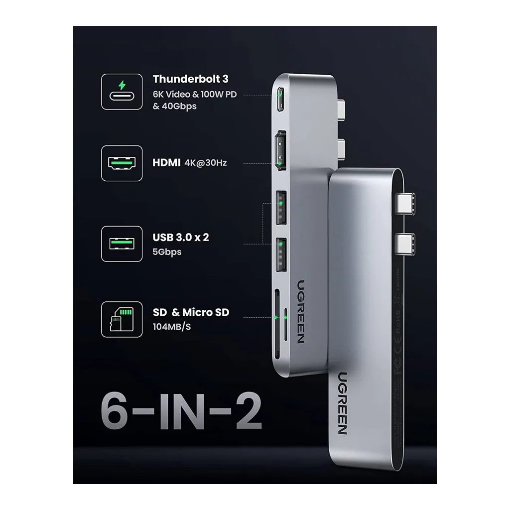 76403952332b593eaace3666ec4604df-hi.jpg UGREEN USB Hub 6-In-2 USB C Hub Adapter with 4K HDMI for MacBook Pro 2022 5Gbps Superspeed Data Sync, Thunderbolt 3USB-C, SD TF Card Reader, 2*USB 3.0 Compatible for MacBook Pro/Air M1, Silver | 80856