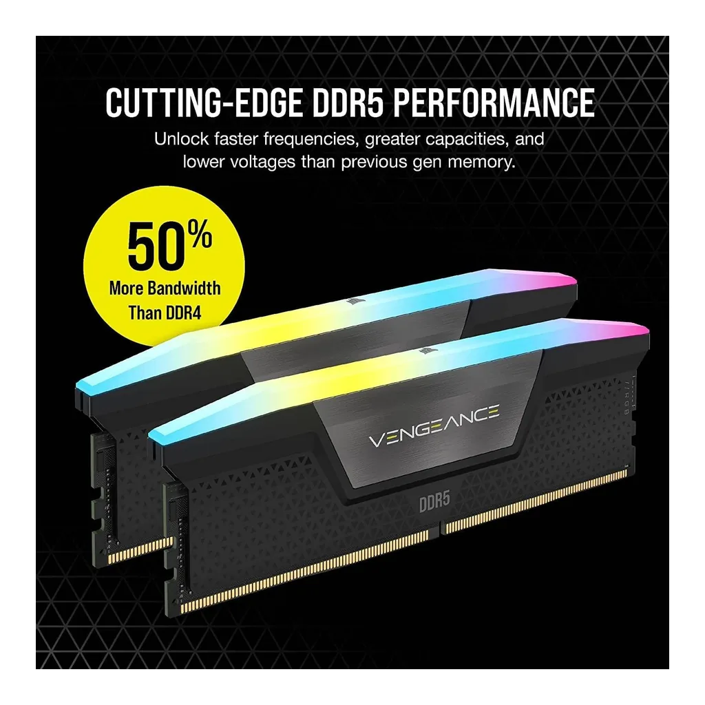 CORSAIR VENGEANCE 32GB (2x16GB) RGB DDR5 288-Pin Dual Channel Desktop Memory Kit, 6000 MHz Tested Speed, 30-36-36-76 Latency, Intel XMP 3.0 Chipset, Overclock PMIC, 1.40V, Black | CMH32GX5M2B6000C30 - Image 3 CORSAIR VENGEANCE 32GB (2x16GB) RGB DDR5 288-Pin Dual Channel Desktop Memory Kit, 6000 MHz Tested Speed, 30-36-36-76 Latency, Intel XMP 3.0 Chipset, Overclock PMIC, 1.40V, Black | CMH32GX5M2B6000C30 - Image 3