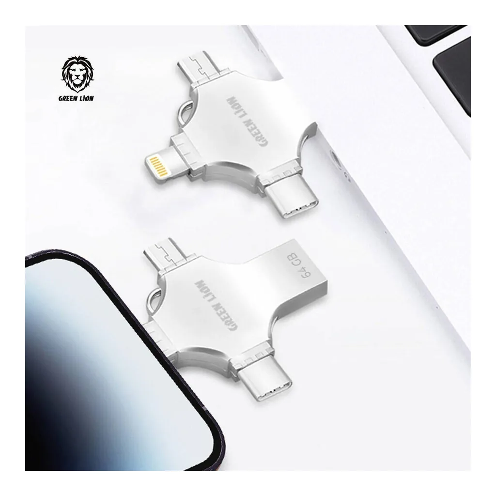 7c548b1e3af0e9a66c9e4b12d32e8520-hi.jpg Green Lion 4-In-1 USB Flash Drive, 64GB Capacity, USB 3.0 High-Speed, Lightning, USB-C, Micro USB & USB-A, Metal Build, Plug-And-Play, Multi-Device Storage Solution, Silver | GN4IN1USB64SL