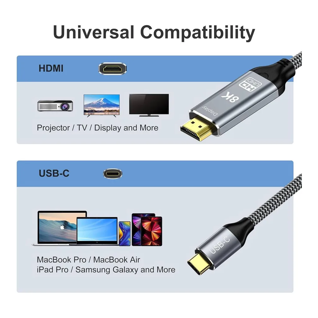 7e3a62fb49814cd52fdc2315879b6c4c-hi.jpg Nexus USB-C to HDMI 8K Cable Braided Jacket 48Gbps Copper conductor,Type C Adapter HDMI 2.1 2.0 and USB 3.1 tech,Supports Transmission, 3 Meter Cable Length