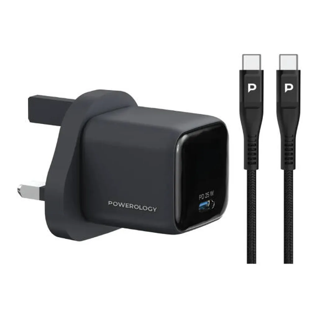 801163e30c0ad5d0beecc5bbcd7913f0-md.jpg Powerology Volt X 25W Mini GaN Wall Charger, USB C Fast Charging Adapter, Compact Travel Size Plug, 25W PD Output, USB-C to USB-C Cable, Advanced Safety Protection, UK Plug, Black | PWP5525CTOCBK