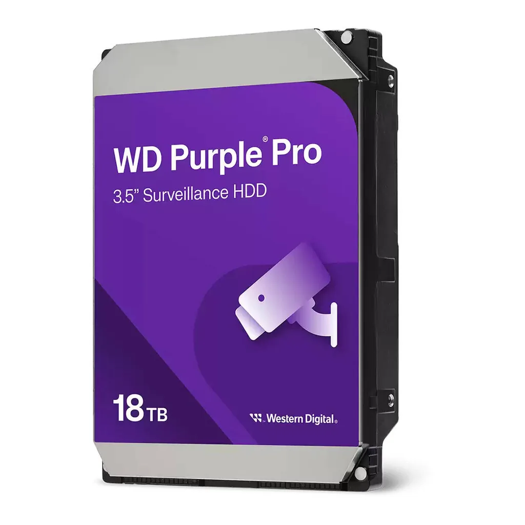 8585b8ae4678635d222f6c2b668c400c-hi.jpg Western Digital Purple Pro Smart Video Internal Hard Drive, 18TB, 3.5" SATA, 7200 RPM, 512MB Cache, 272MB/s Transfer Rate, CMR, AllFrame AI, 550TB/Yr Workload | WD181PURP