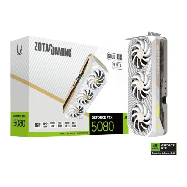 8aa33488eb532979d30f95f5fb4b00aa-hi.jpg ZOTAC GAMING GeForce RTX 5080 SOLID OC Graphics Card, 16GB GDDR7 256-Bit Memory, 2640MHz Engine Clock, 30 Gbps Memory Clock, 10752 CUDA Cores, PCI Express 5.0 x16, White