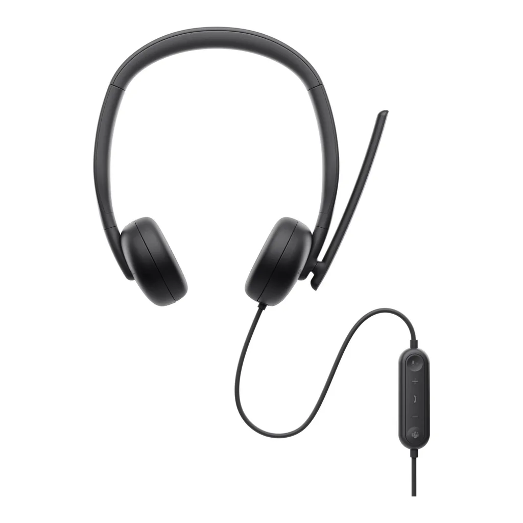 8b7476acfbffce7ccdce712a1ffc1721-hi.jpg Dell WH3024 Wired On-Ear Headset, 28mm Speaker Size, Passive Noise Cancellation, Uni-Directional, AI Beam Forming, 2m Cable Length, USB Type-C Wired, Black