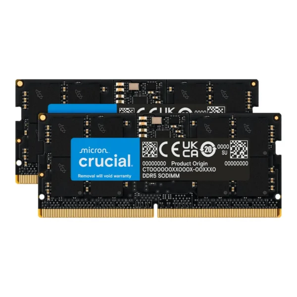 Crucial SODIMM Laptop Memory, 32GB Kit (16GBx2) Capacity, DDR5 Memory Type, 5600 MHz Clock Speed, CL46 CAS Latency, 262-Pin SO-DIMM, Unbuffered DIMM Type, Black | CT2K16G56C46S5 - Image 1 Crucial SODIMM Laptop Memory, 32GB Kit (16GBx2) Capacity, DDR5 Memory Type, 5600 MHz Clock Speed, CL46 CAS Latency, 262-Pin SO-DIMM, Unbuffered DIMM Type, Black | CT2K16G56C46S5 - Image 1