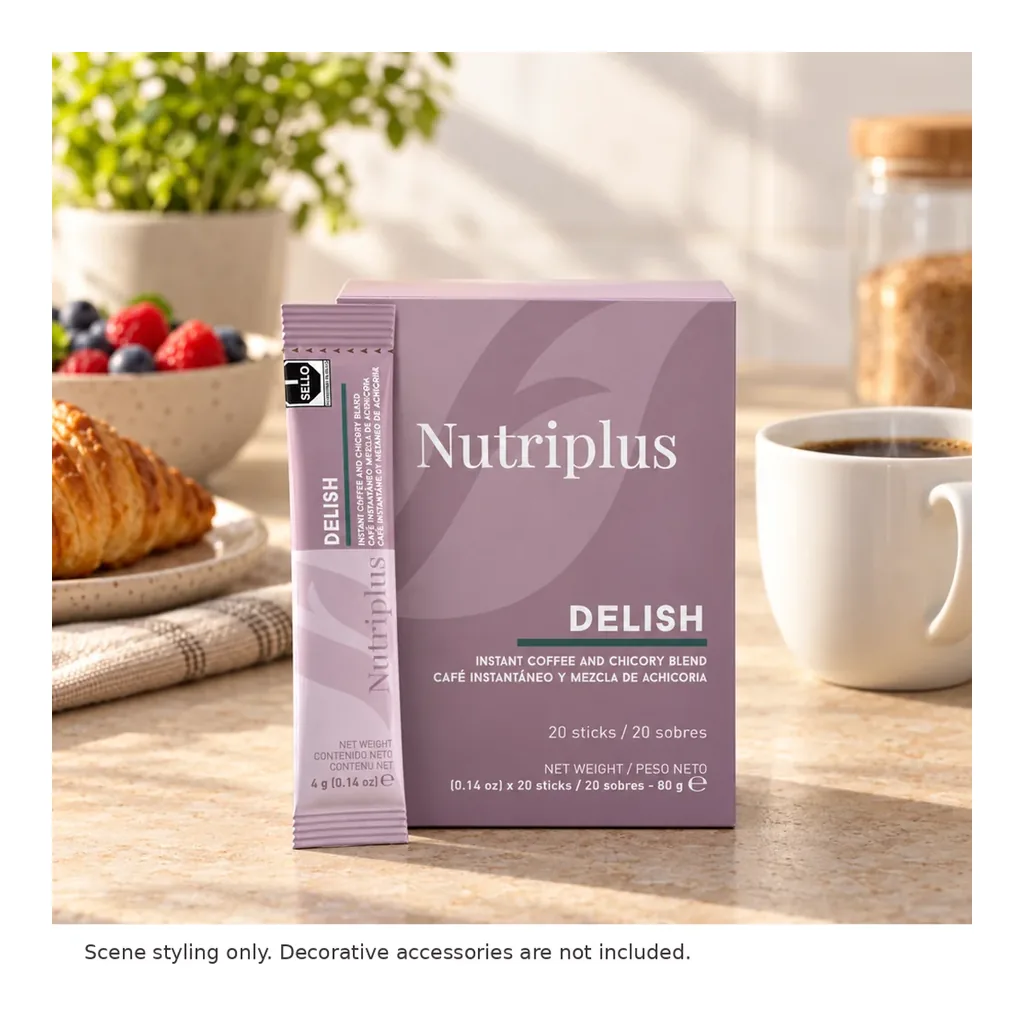 FARMASI Delish Instant Coffee and Chicory Blend Sticks — 20 x 4 g – Styled countertop scene; decorative accessories not included FARMASI Delish Instant Coffee and Chicory Blend Sticks — 20 x 4 g – Styled countertop scene; decorative accessories not included