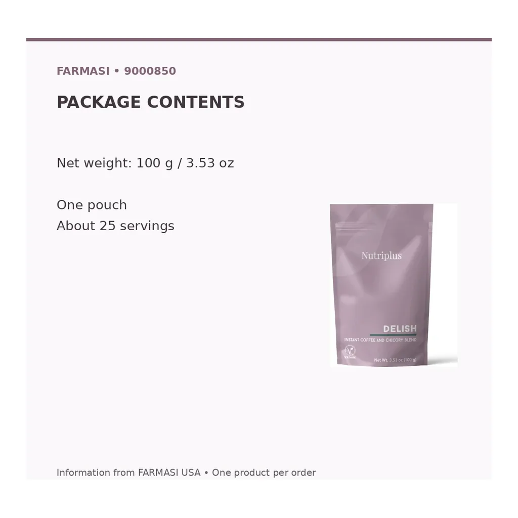 FARMASI Delish Instant Coffee and Chicory Blend 100 g — Package contents and net weight FARMASI Delish Instant Coffee and Chicory Blend 100 g — One 100 g pouch with about 25 servings