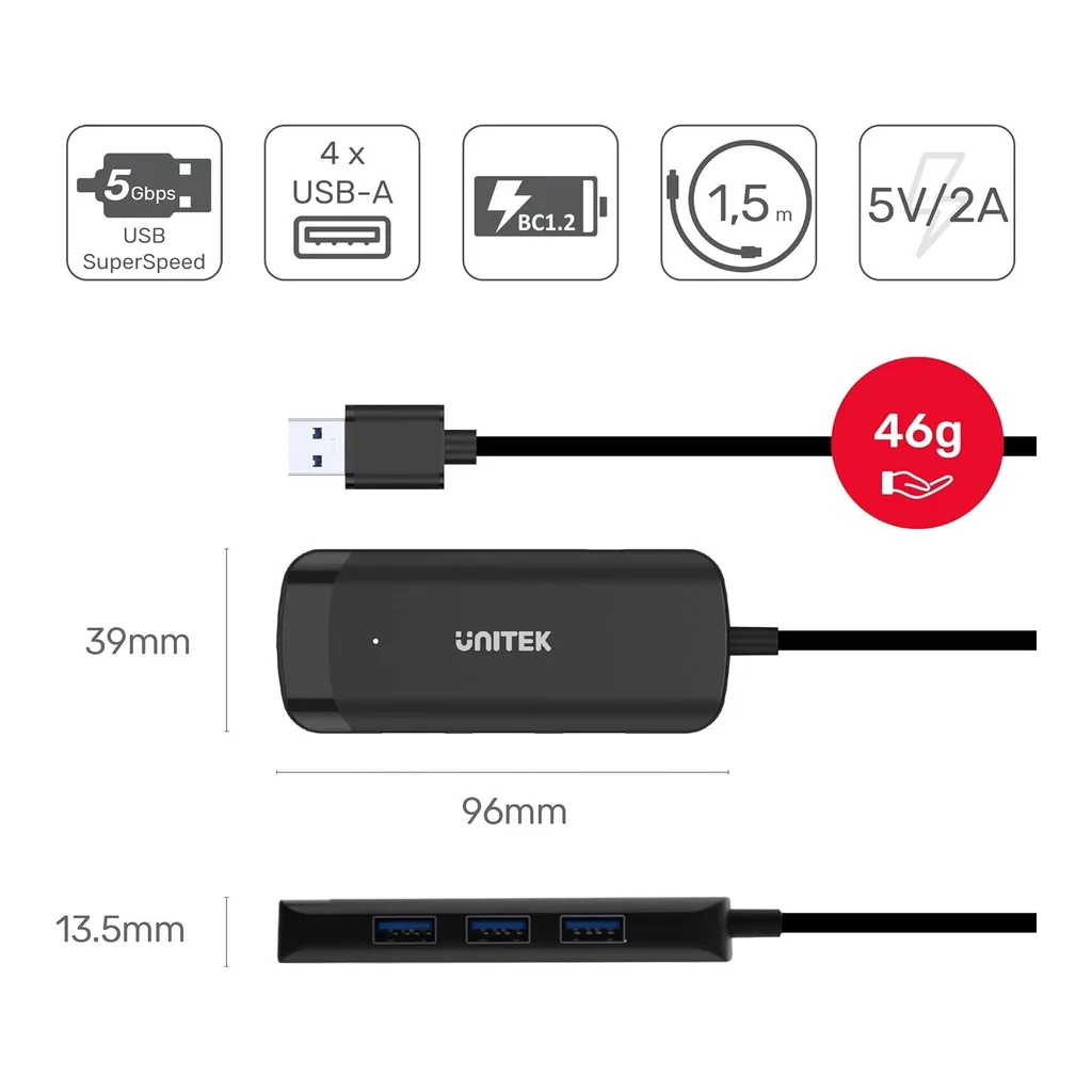 90c57b2e7d654230f6a245f396d2552c-hi.jpg Unitek 4 Ports Powered USB 3.0 Hub, 5Gbps SuperSpeed, 150cm Cable, BC1.2 Charging, Plug & Play, Backward Compatible