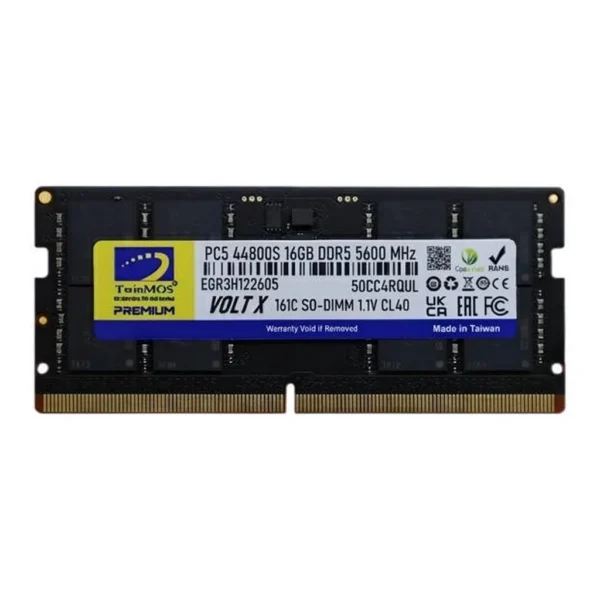 TwinMOS VOLTX DDR5 SO-DIMM Laptop Memory, 16GB Capacity, 5600 MHz Memory Speed, CL46 CAS Latency, 1.1 Voltage, No Heat Sink, Black | TMD516GB5600S46 - Image 1 TwinMOS VOLTX DDR5 SO-DIMM Laptop Memory, 16GB Capacity, 5600 MHz Memory Speed, CL46 CAS Latency, 1.1 Voltage, No Heat Sink, Black | TMD516GB5600S46 - Image 1