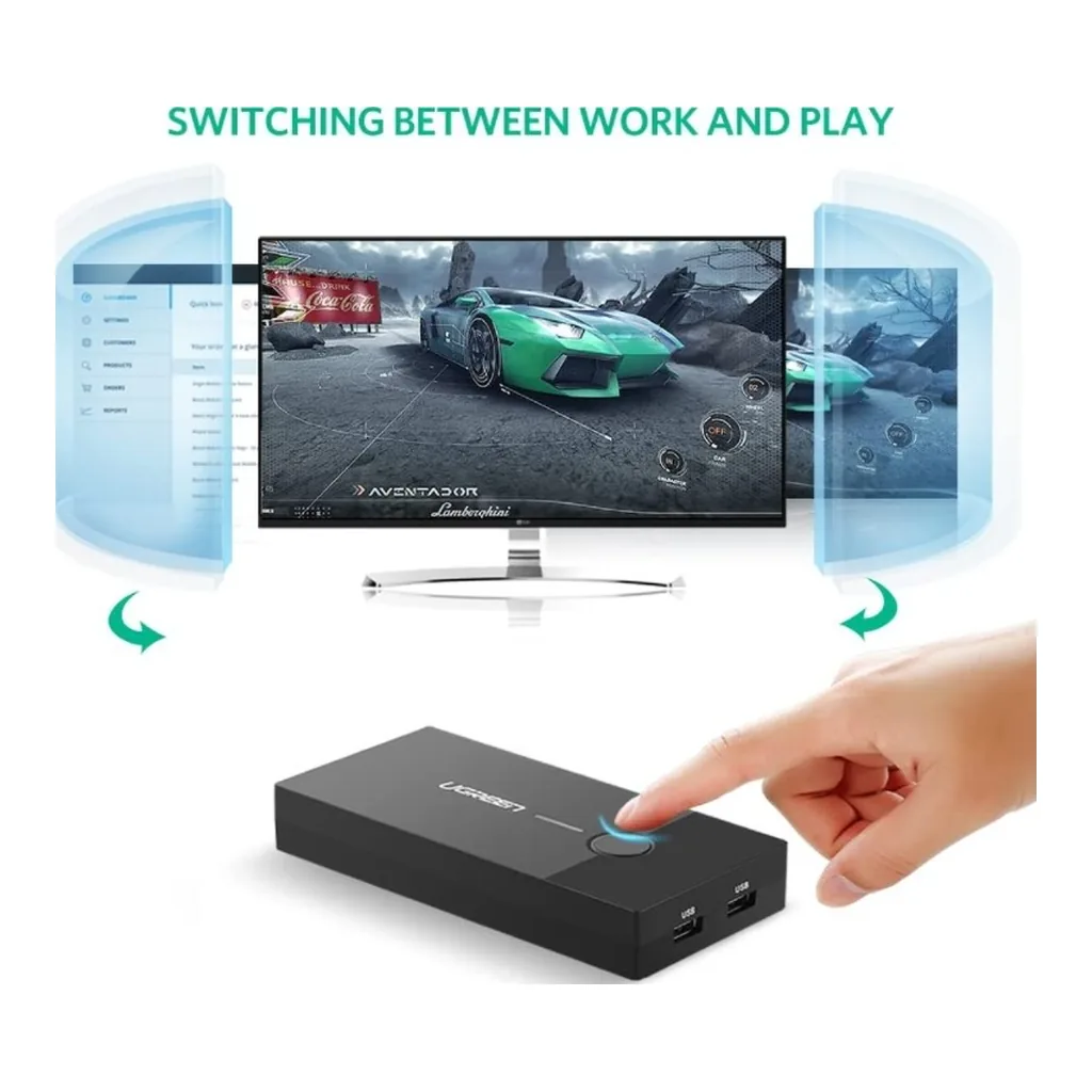 98f046bf3d43f70da6c4dface5914377-hi.jpg Ugreen 2 In 1 Out USB VGA KVM Switch / Video Sharing Adapter, Control 2 PC on 1 Monitor, Stable Data Transmission, One Button to Switch, Black | 30357
