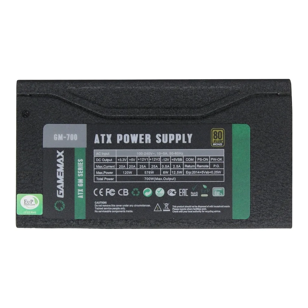 9a58d6d6197ee28f8ca7a9f5924ddf5d-hi.jpg GameMax GE-700 ATX Power Supply, 700 watts, AC, FULL RANGE (100-240v) APFC, Mesh Shield cable, CE/EMI, 80+ Certificate, Black | GE-700