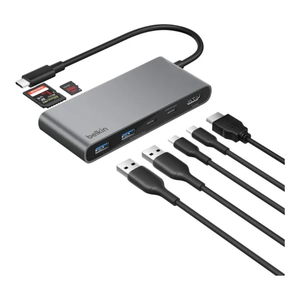 9ad7aa69-6610-4fdb-85a7-fbcf23aa5c60.jpg Belkin - 7-Port Hub w/ 4K HDMI Display with 60Hz, 100W Power Delivery, Fast Data Transfer 5Gbps, USB-C Multiport Adapter - Space Gray